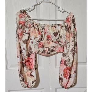 Peach XS Midriff Top Pre-owned Long Sleeves Ruching In Back Floral